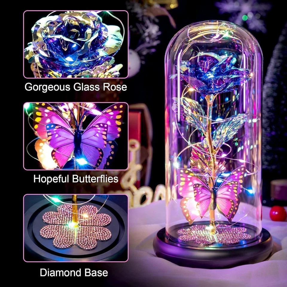 Crystal Flower Light Up Rose in Glass Dome with Butterfly | Valentine Gifts