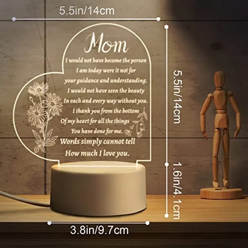 Mothers Day Heart Night Light, Led Engraved Night Lamp