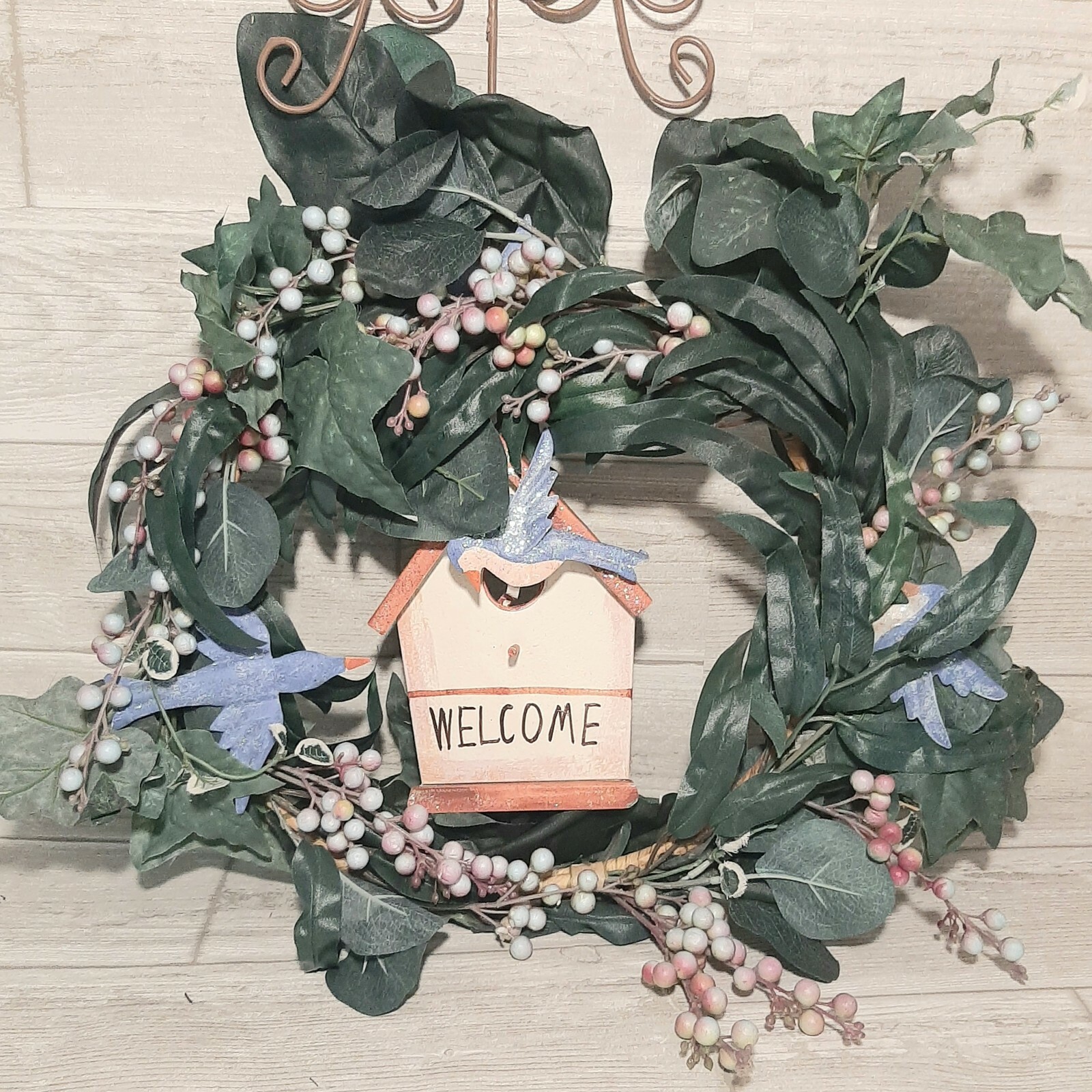 Welcome Home Spring Ivy Wreath Bird House Grapevine With Ornate Metal Topper