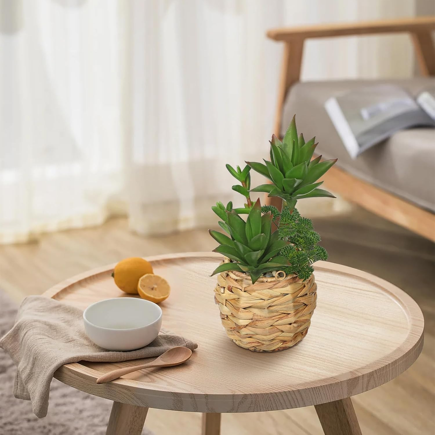 10″ Large Succulents Plants Artificial in Wooden Pots, Fake Succulents in Woven