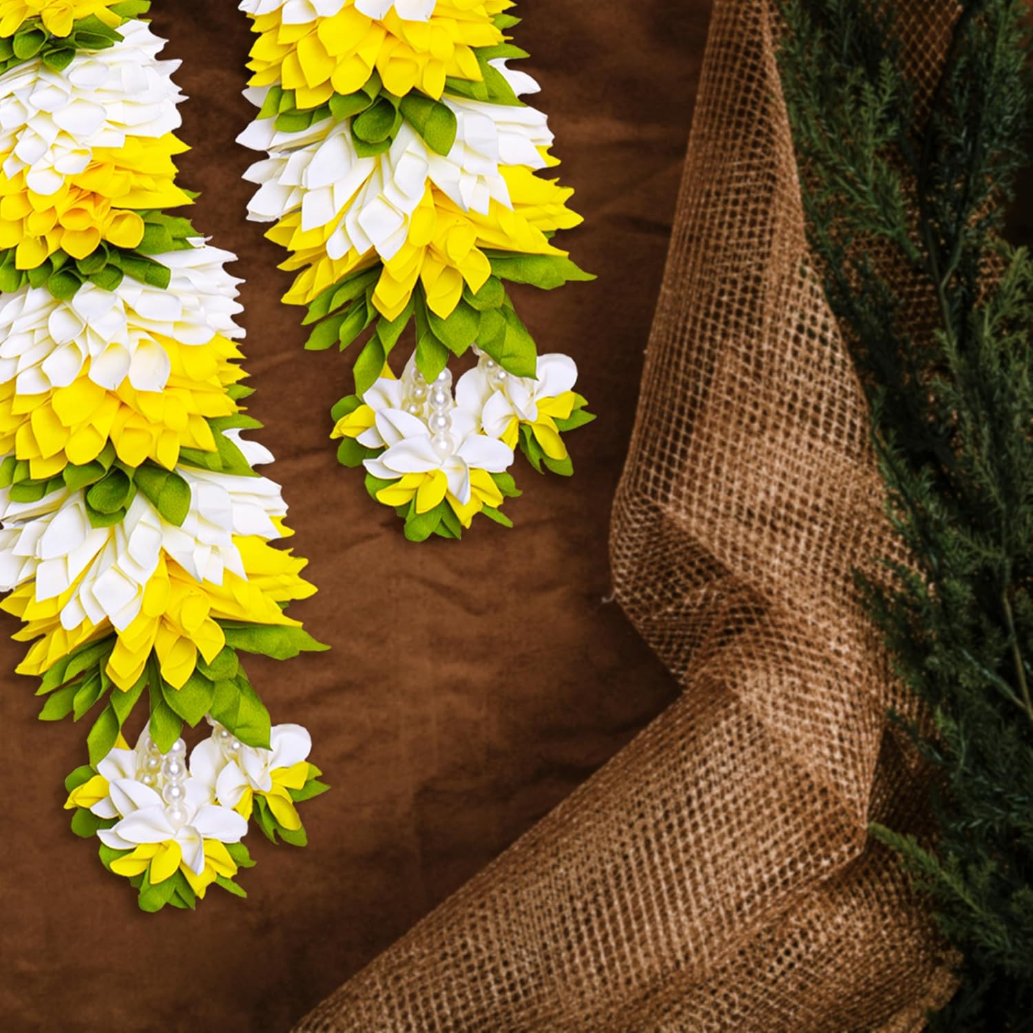 Meezo Flower Garland –5 Feet Cloth Flowers with Green Leaf Accents, Diwali Decor