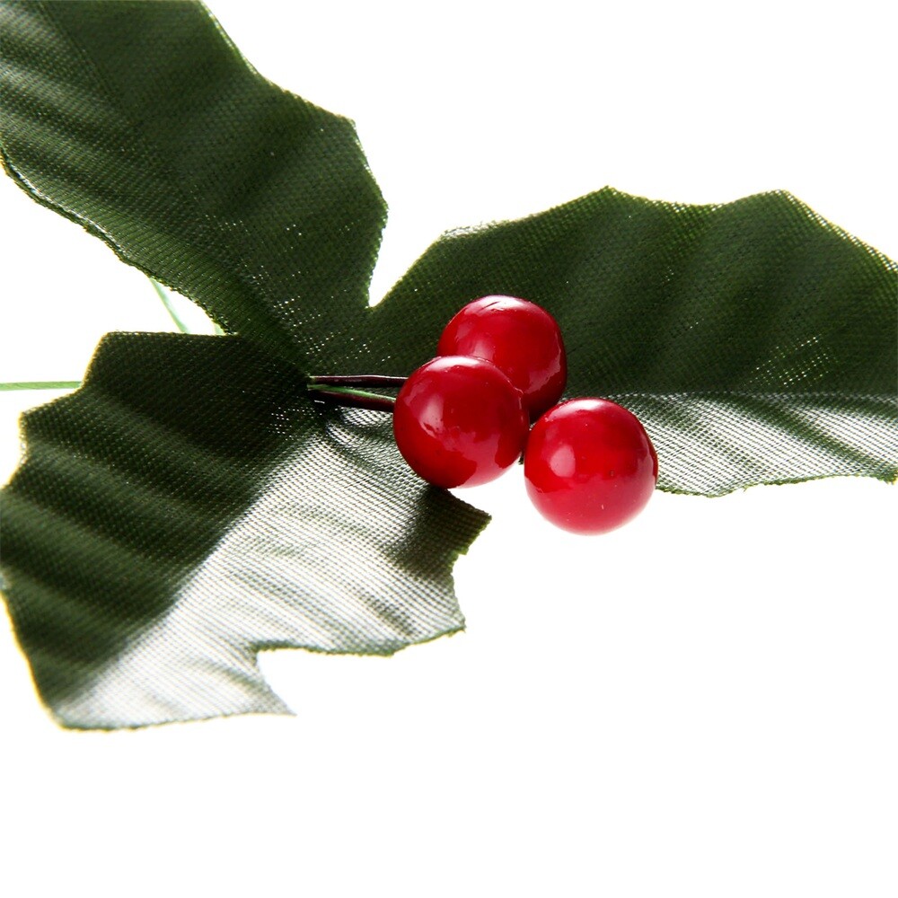 50pcs Dark Red Holly Berries + 50pcs Green Artifical Leaves 2 in 1 Home Decor