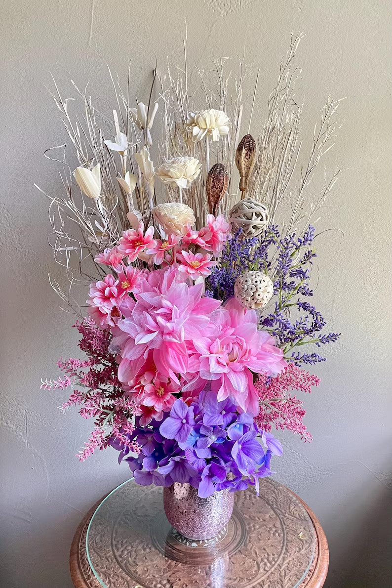 Large Pink & Purple Floral Arrangement: Shabby Chic Home Decor Table Centerpiece