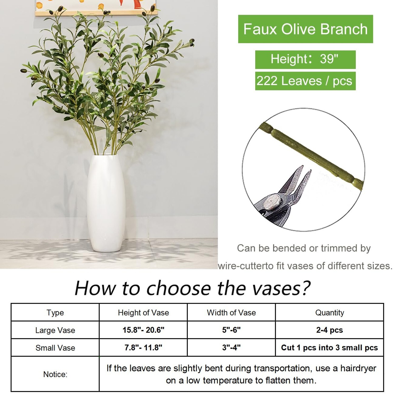 39 Inch Artificial Olive Branches for Vases, Fake Plants Greenery Stems with …
