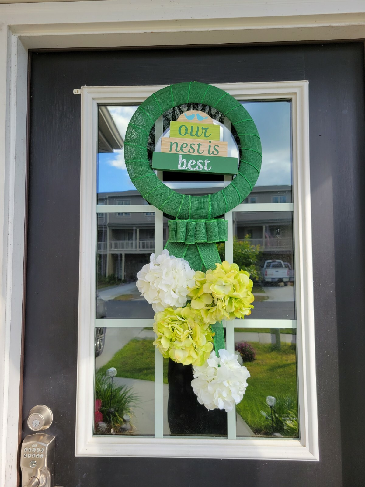 OUR NEST IS THE BEST wreat WHITE GREEN Hydrangeas burlap Decor Front Door SUMMER