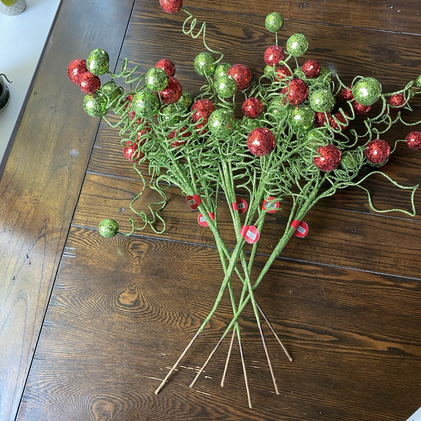 Set Of 6 Floral Picks Glitter And Curls 24” Wired Grinch