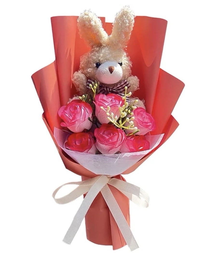 Bunny Bouquet,Stuffed Animal with Artificial Rose Flower Bouquet- Peach NEW