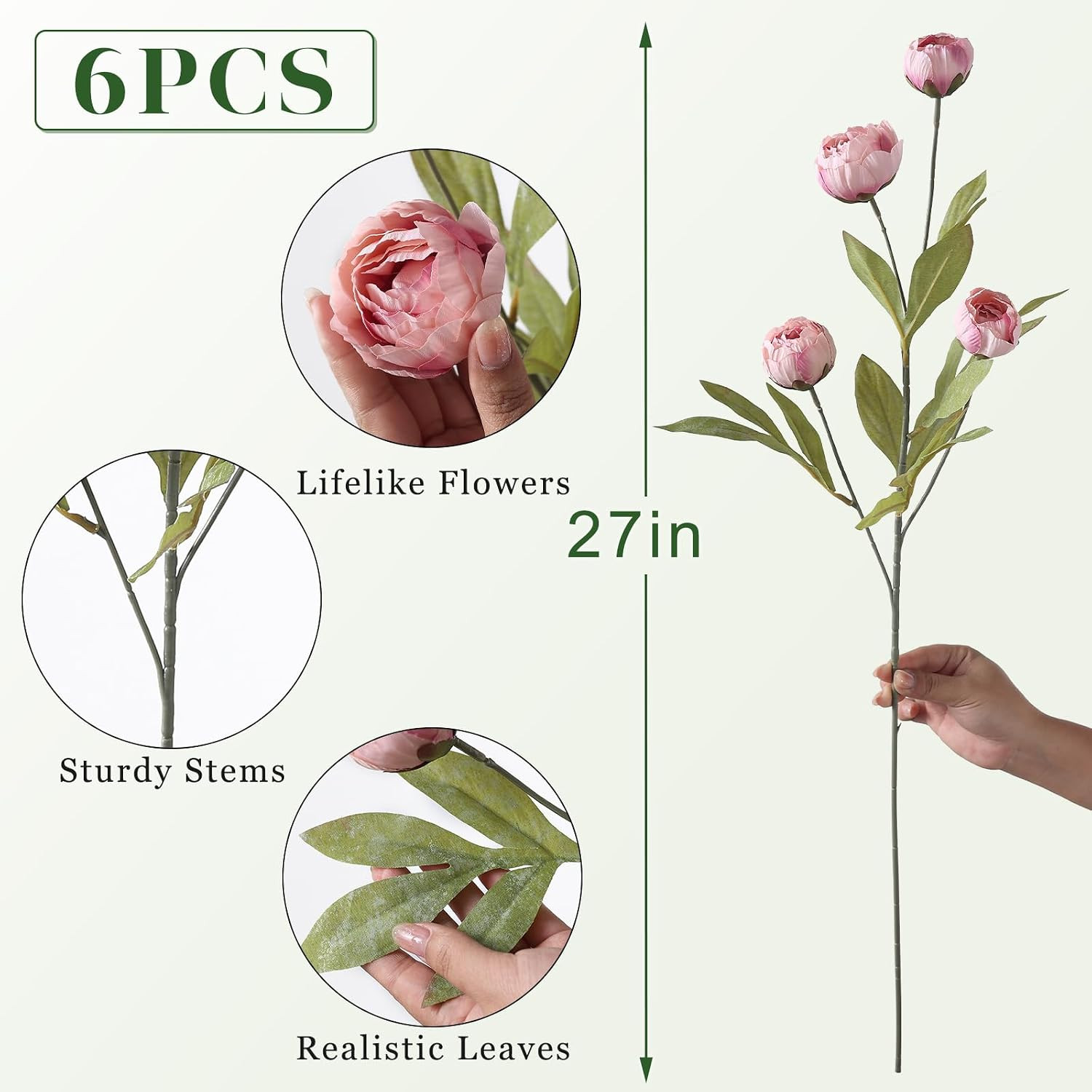 6 Pcs Faux Silk Peony Artificial Flowers for Vase -27″, Bulk Fake Peonies Branch