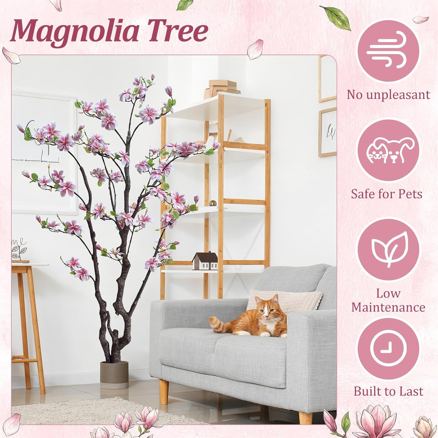6Ft Pink Artificial Magnolia Tree – Realistic Faux Flower Plant for Home & Garde