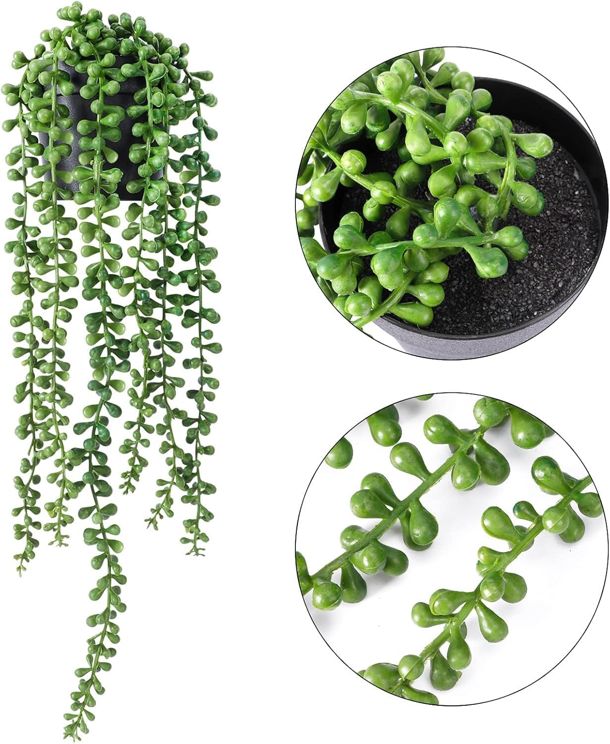 String of Pearls Plant Artificial, 2Pcs Faux Plants Indoor in Black Pots, Realis