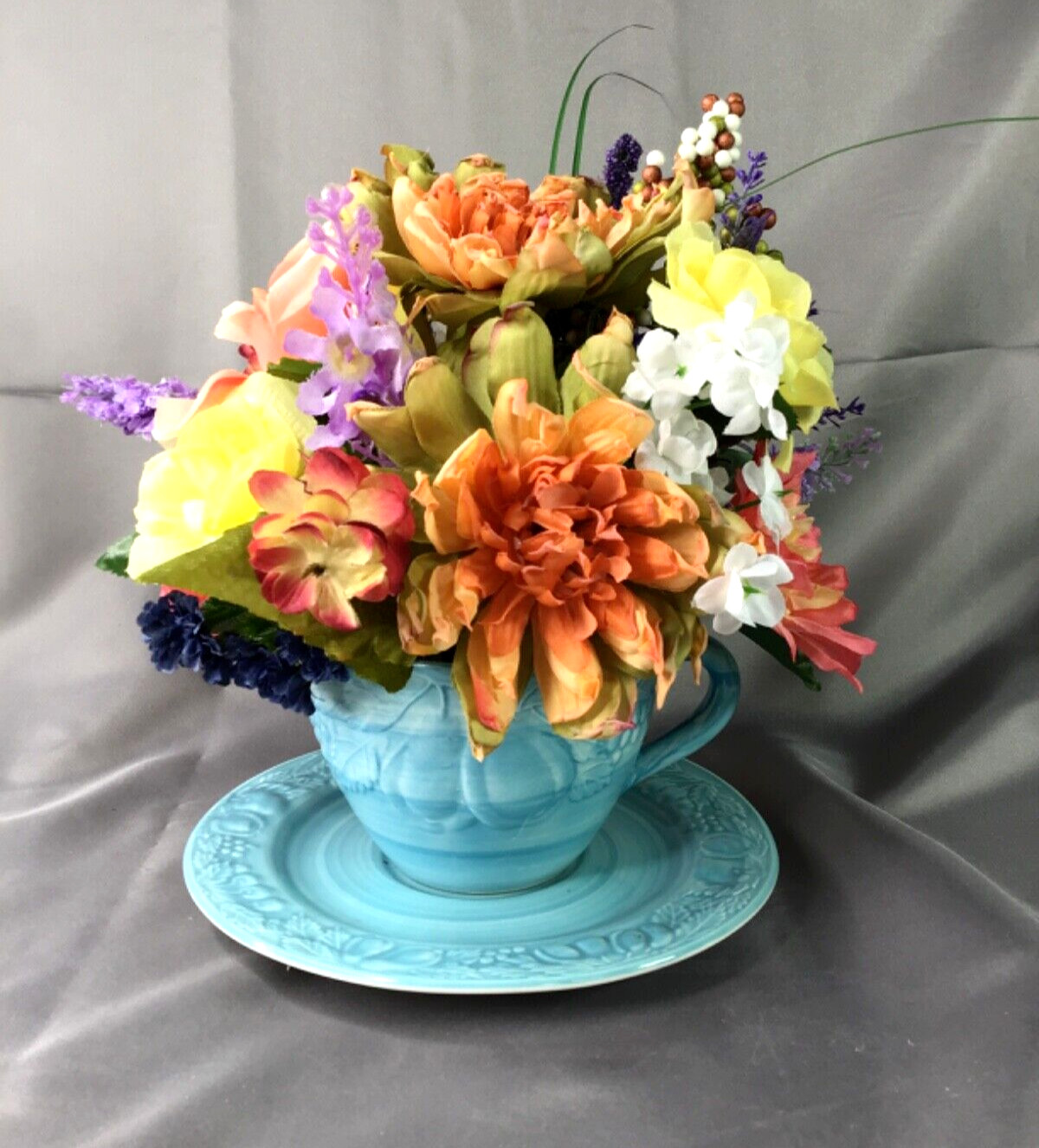 Vintage Sky Blue Oversized Cup & Sauce Coral Yellow Lavender Flower Arrangement