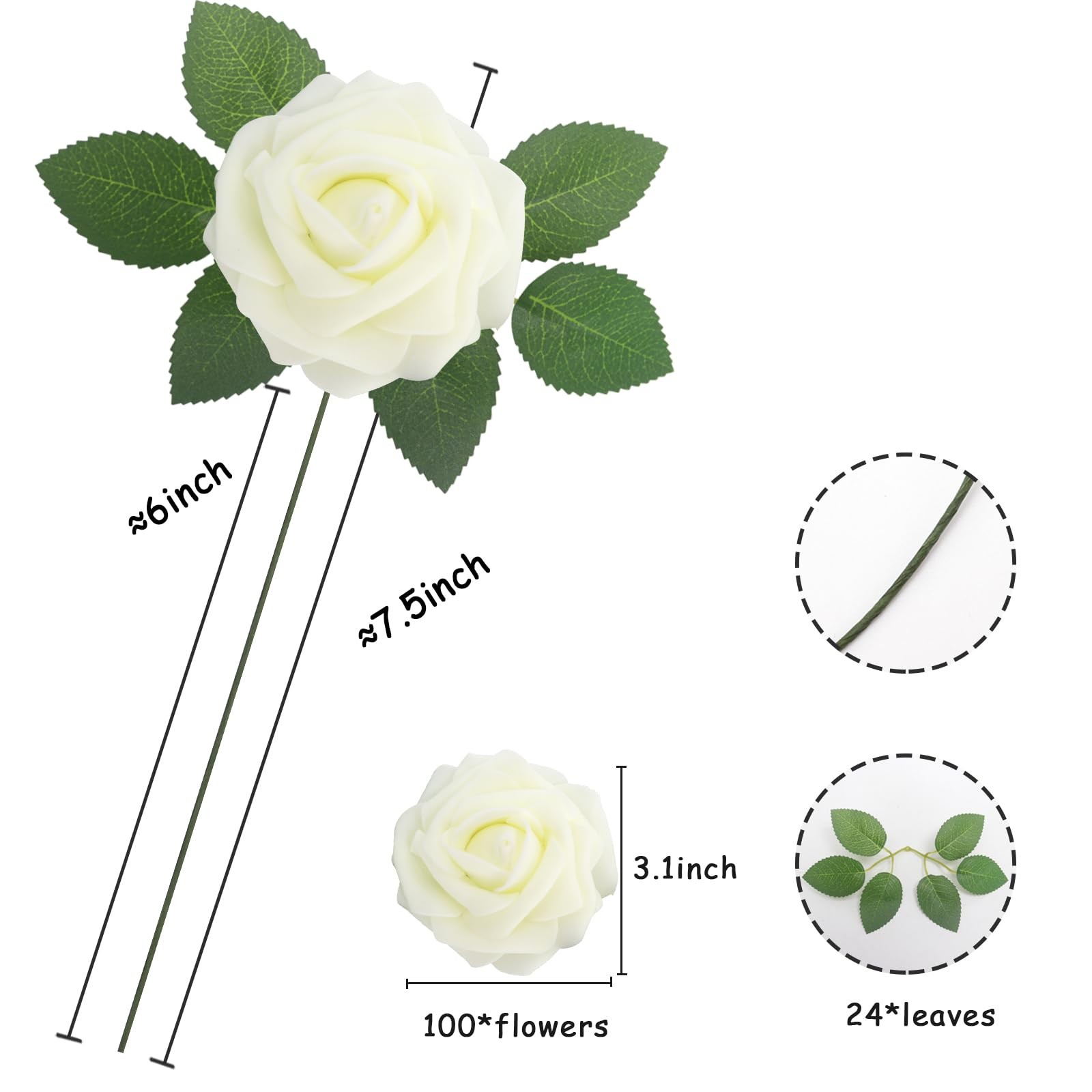 100PCS Milk White Artificial Flowers Real Looking Foam Fake Roses, Rose Artif…