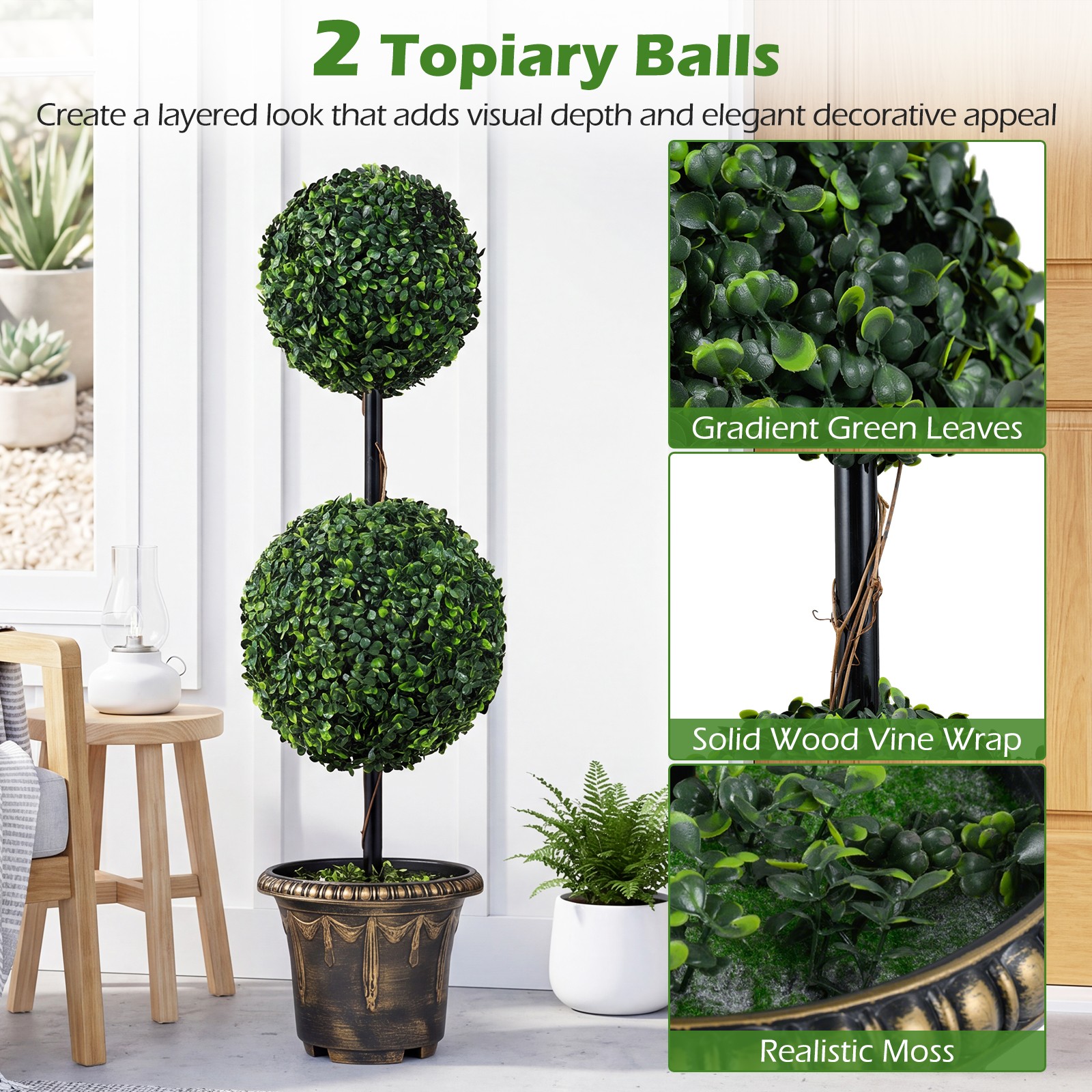 Artificial Boxwood Topiary Tree,Sun-Protective Double Ball Shrubs,Potted Plants