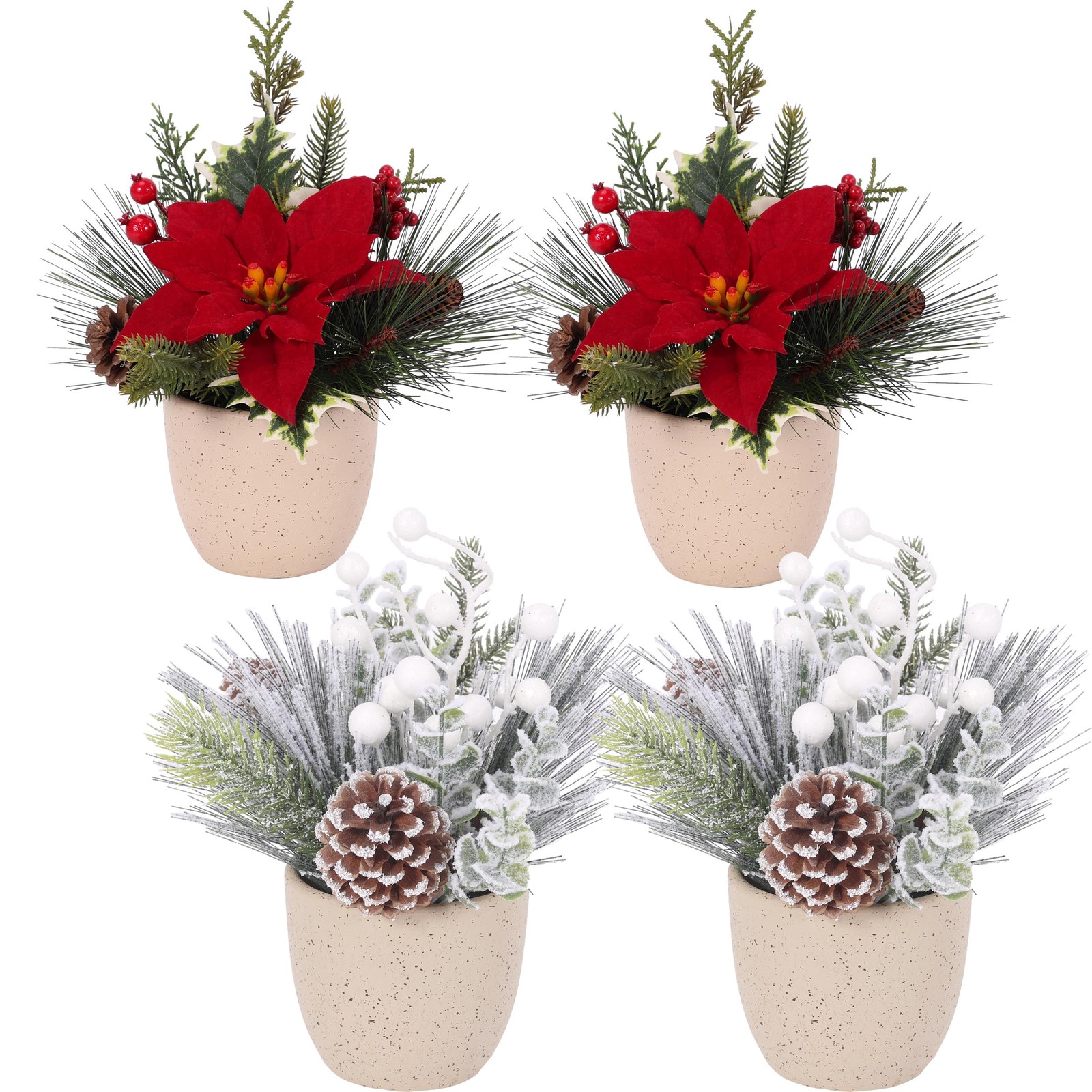 4 PCS 9 Inch Christmas Tabletop Artificial Fake Red Poinsettia Flocking