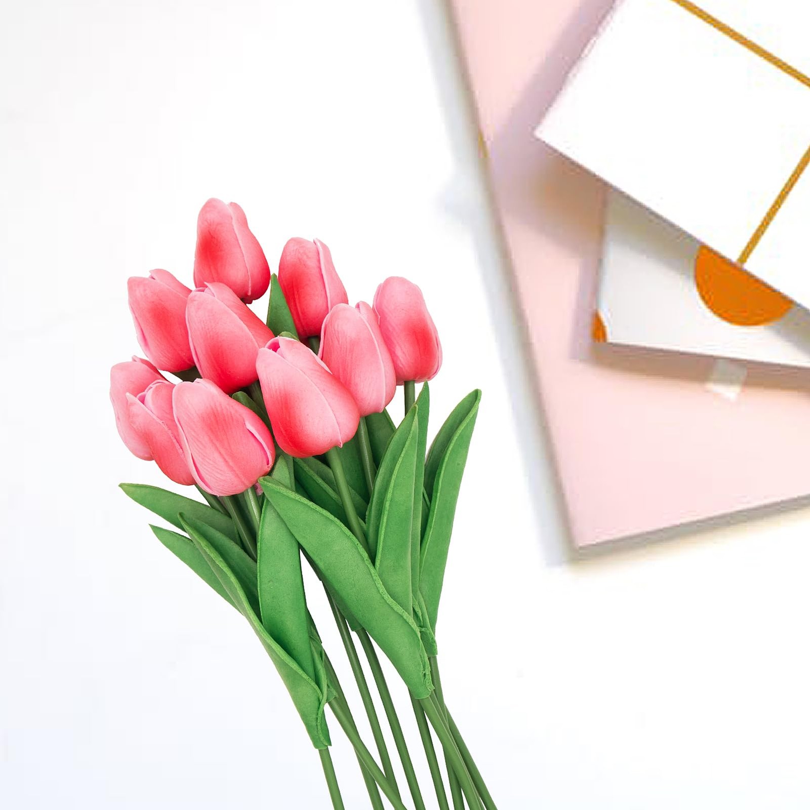 10 PCS Pink Artificial Fake Tulips 13 Inch Real Touch PU Flower Home Decor