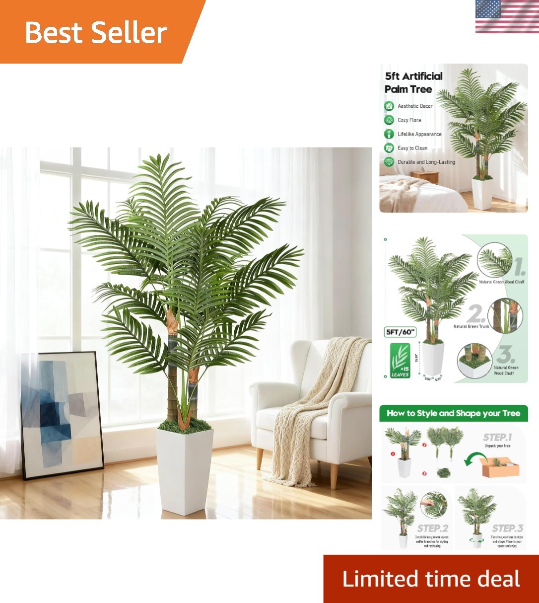 Durable 5ft Artificial Palm Tree – All-Season Indoor Plant with Pot Included