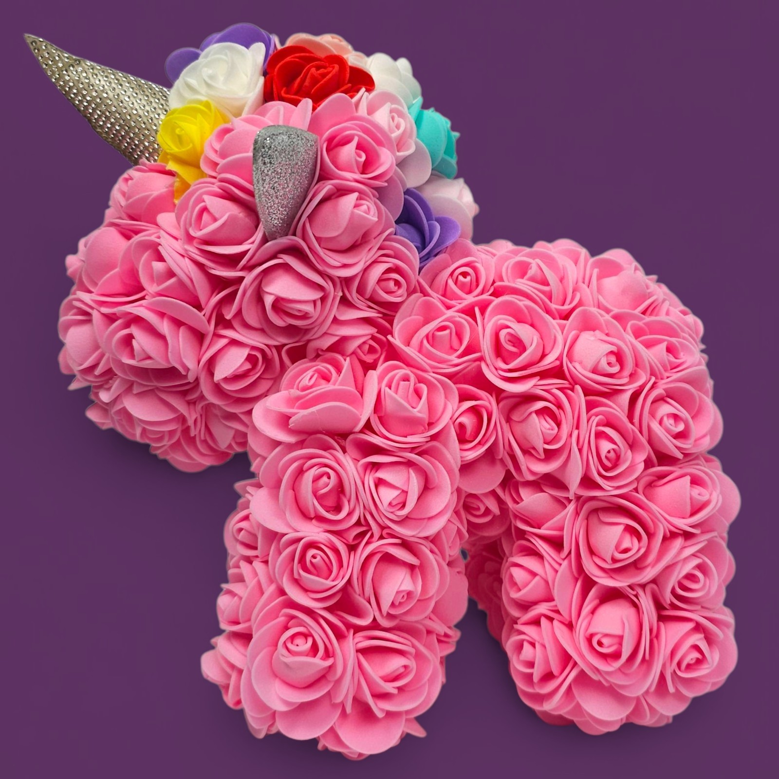 Rose Unicorn Gift – Pink Foam Flowers, Rainbow Mane, “Just For You” Box Damaged