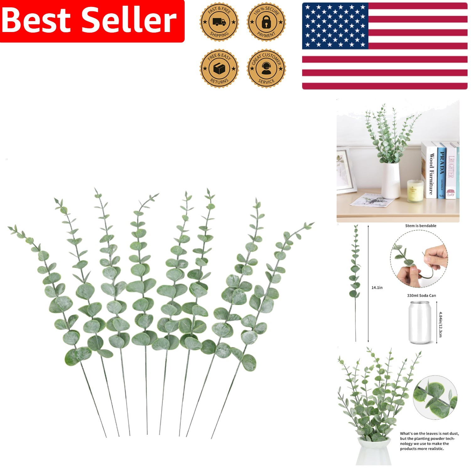 8 Pcs Grey Green Eucalyptus Stems Realistic Fake Leaves for Floral Decor