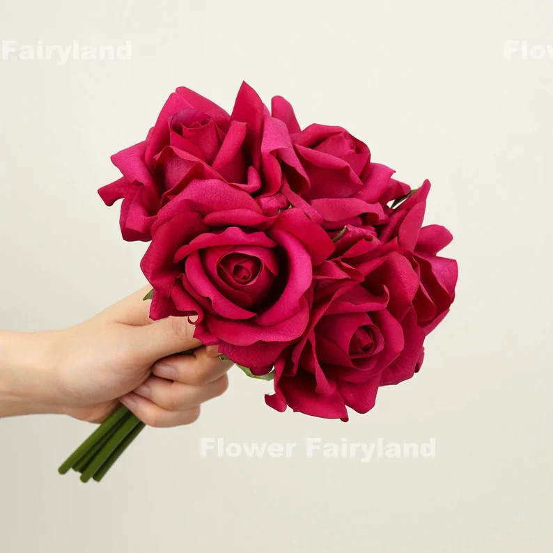 5 Stems Real Touch Moist Latex Rose Bouquet – Magenta | Artificial Flower