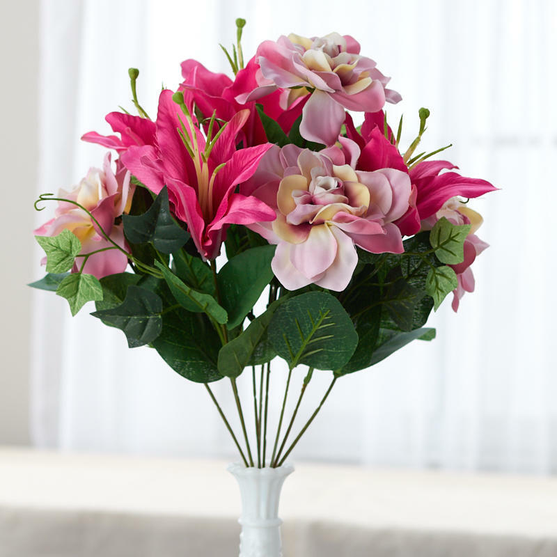 14-1/2″ Artificial Pink and Mauve Poly Silk Gardenia and Lily Mixed Floral Bush