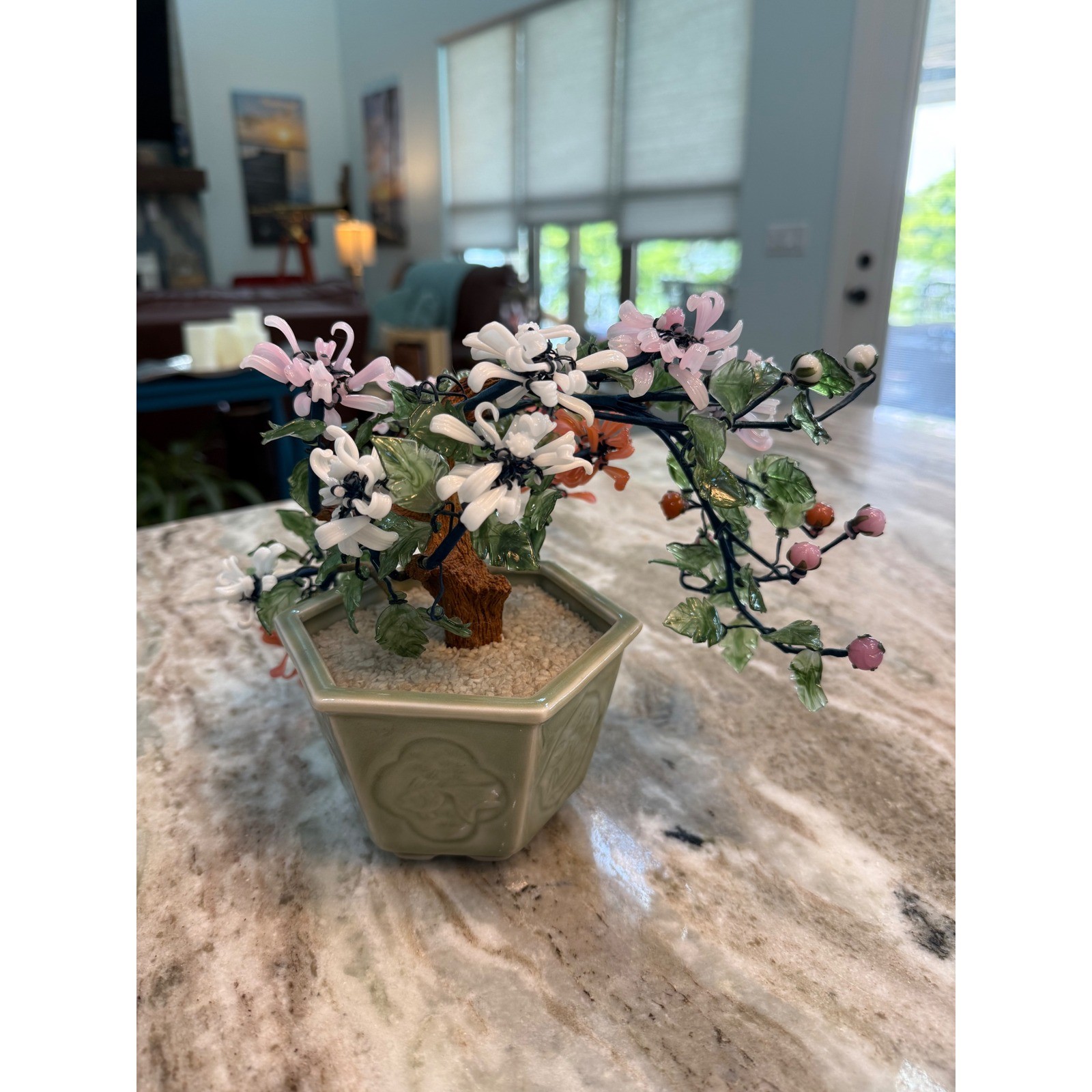 Vintage Chinese Glass Bonsai Tree Pink White Orange Flowers Celadon Pot 10″