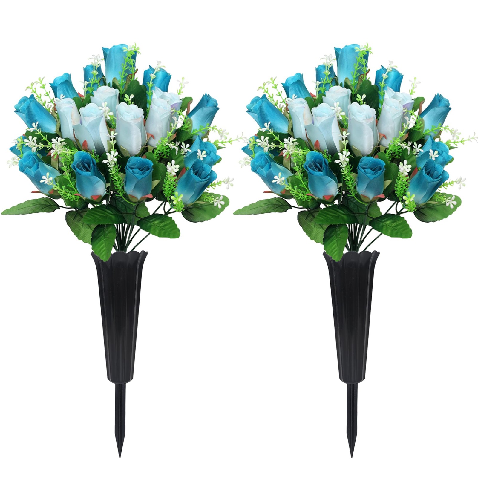 2 PCS Artificial Cemetery Flowers Deep Blue White Memorial Bouquet Vase Spike