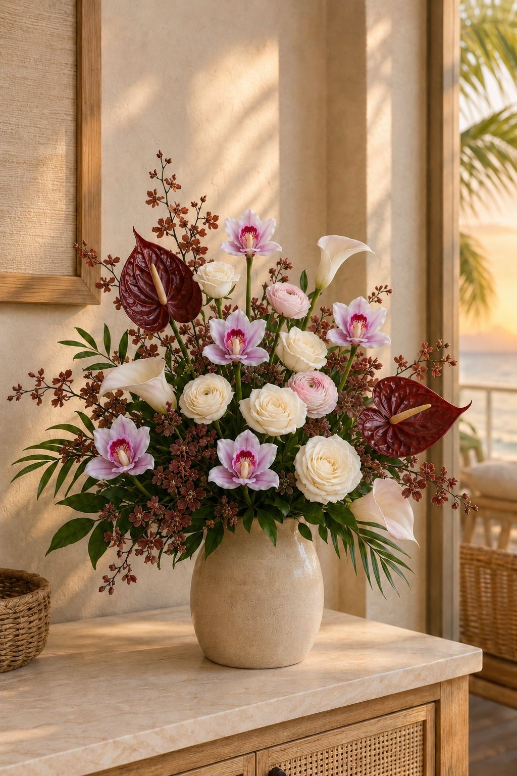 Pink Purple Real Touch Cymbidium Orchids, Set of 5 Artificial Flower Stems, 15 I