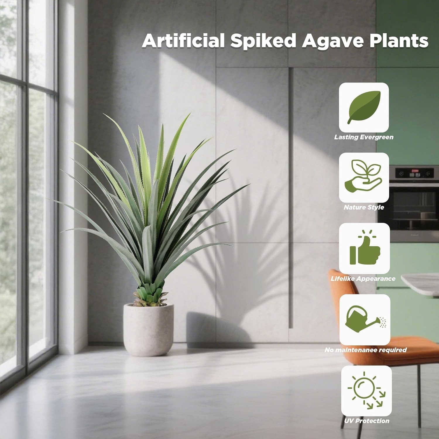 Agave Plant Artificial with 30 Leaves, Set of Faux Spiked Agave Plants, 4ft 1