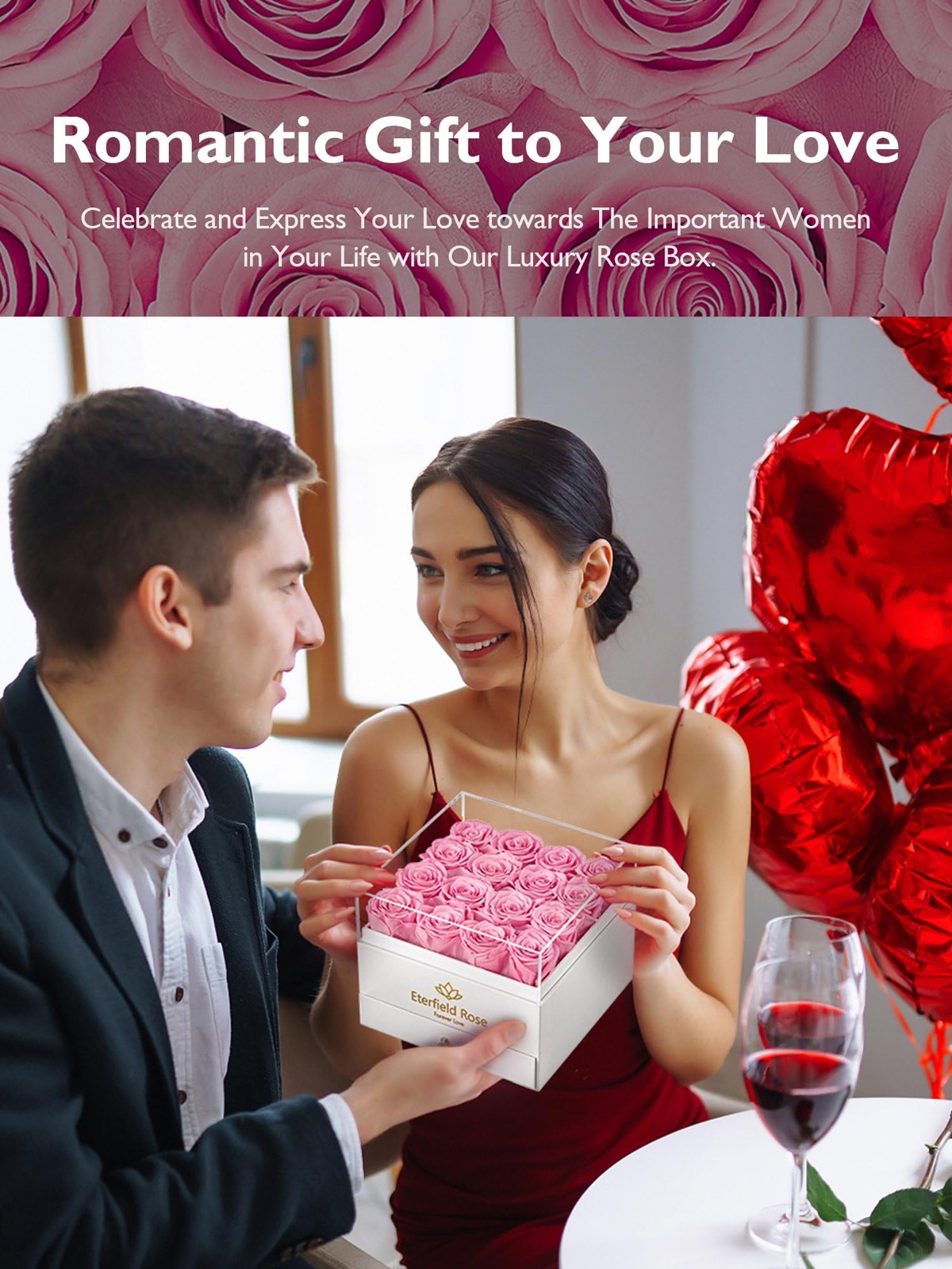16 PCS Forever Flowers Preserved Pink Roses Square White Box With Drawer