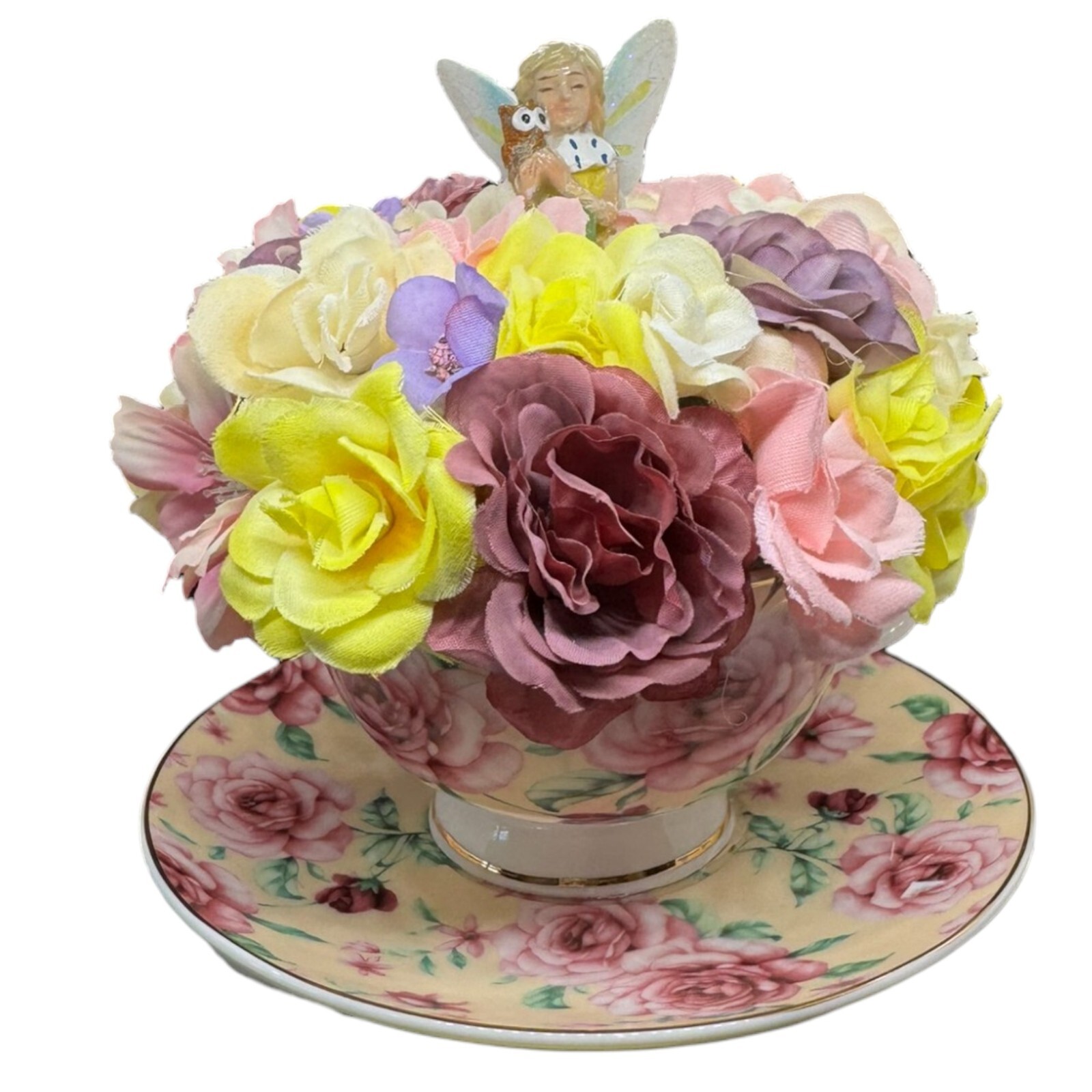 Pink Tea Cup Fairy Flower arrangement With Fairy