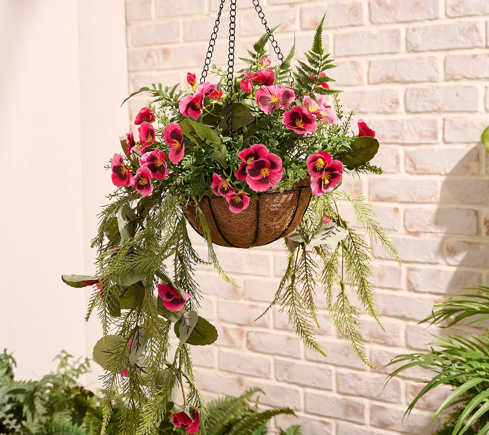 Garden Reflections Cascading Faux Pansy & Fern Hanging Basket Red