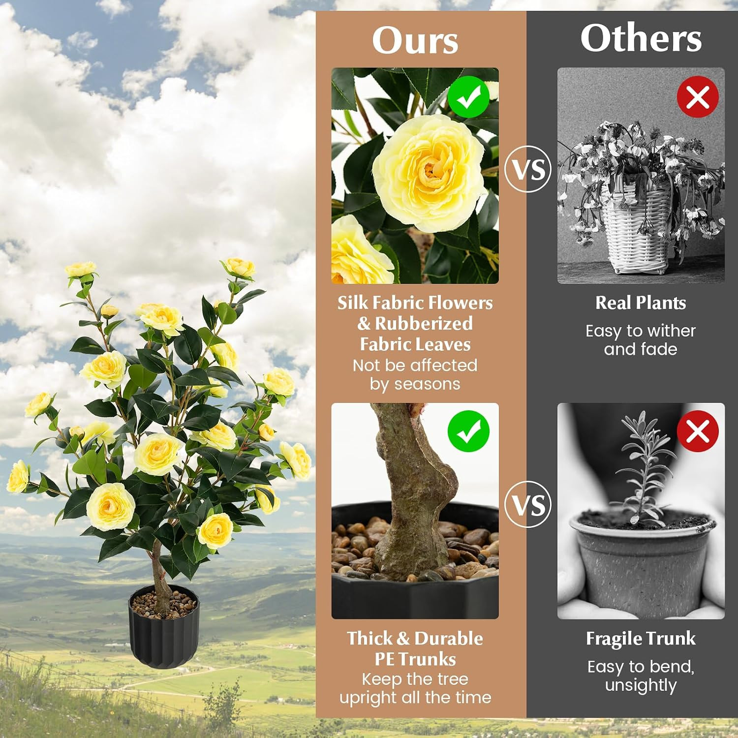 38” Artificial Camellia Tree 2 Packs, Faux Camellia Plant in Pot with 24 Flowers