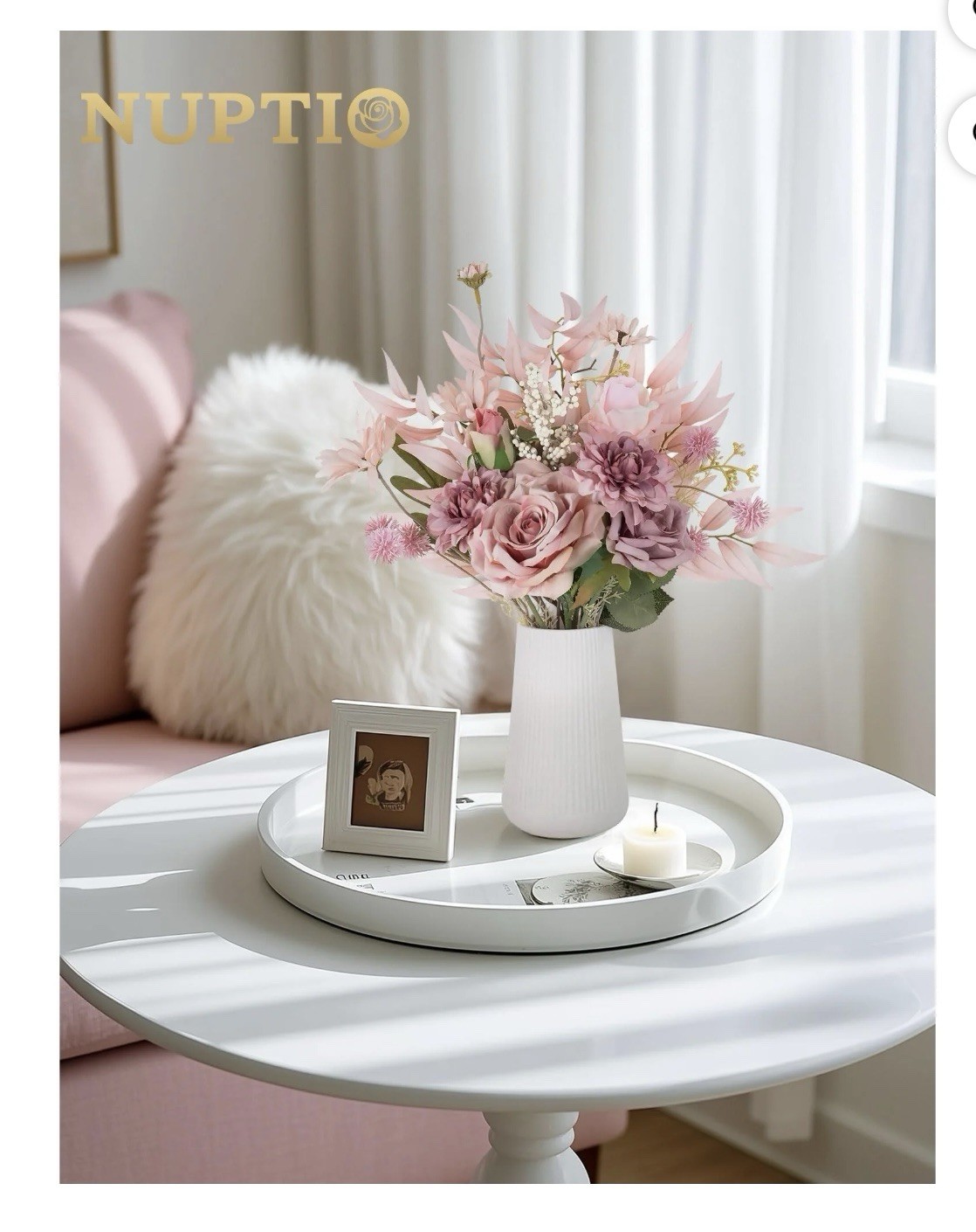 Nuptio Fake Flowers in Vase Centerpieces: Artificial Faux Flower in Ceramic Vase