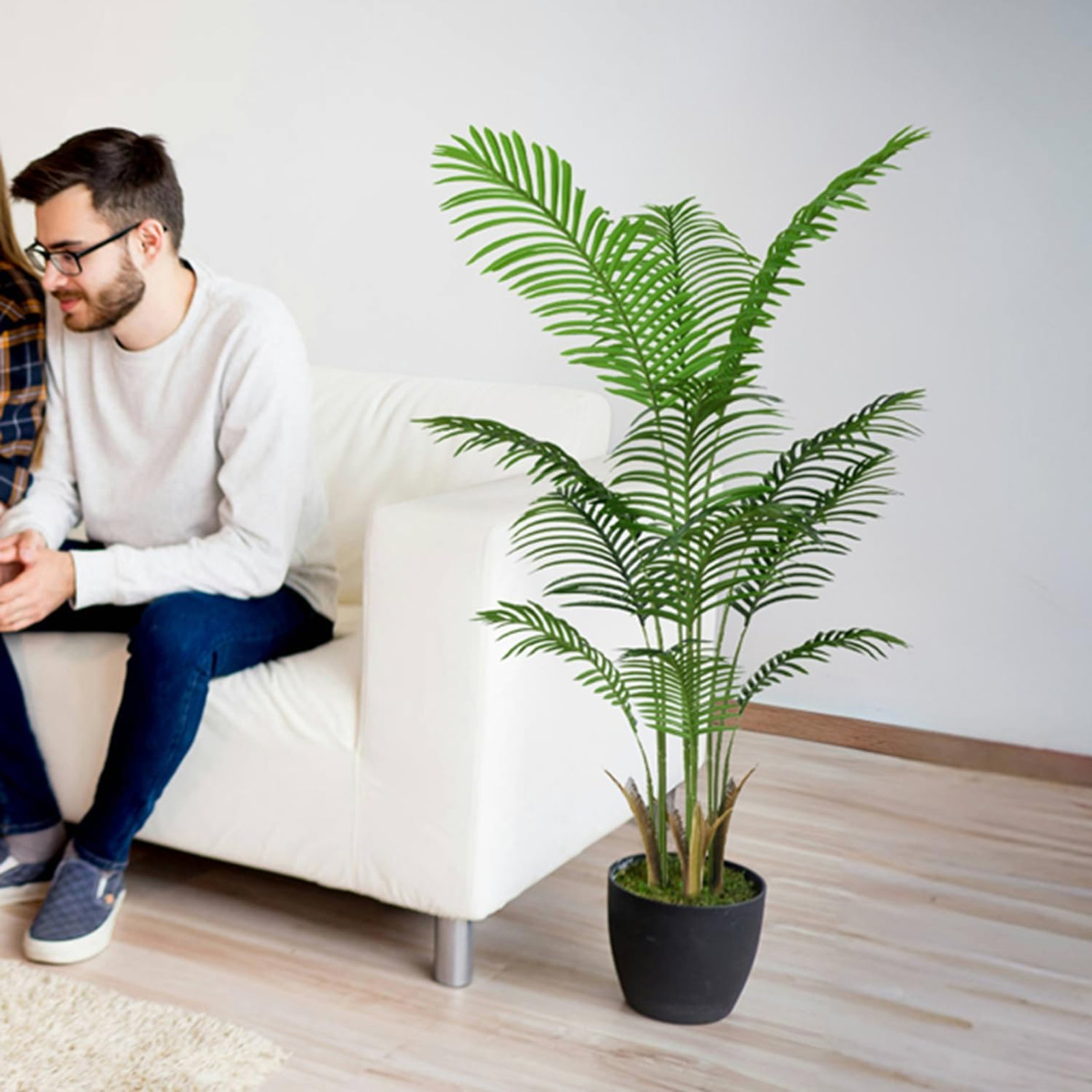 4Ft Artificial Palm Tree Indoor with White Pot, Realistic Leaves, Adjustable