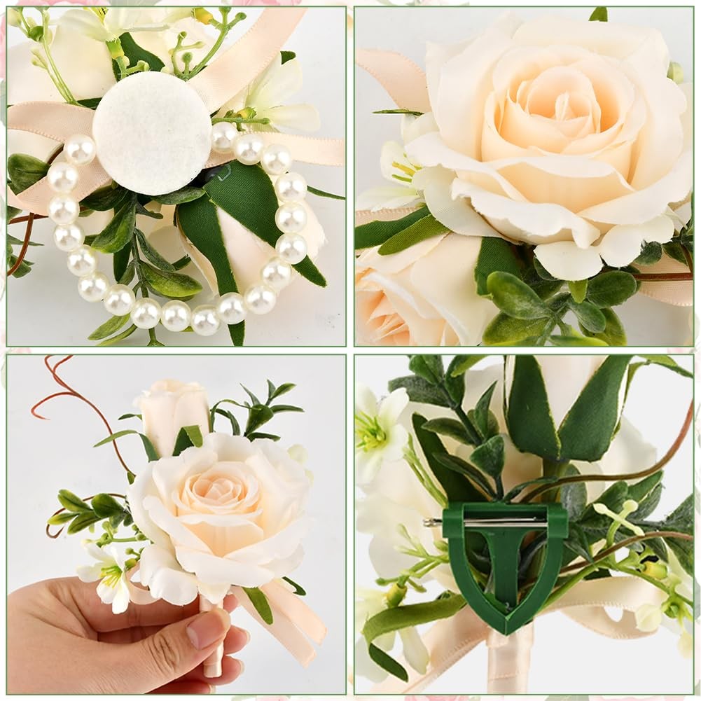2 PCS Wrist Corsage Boutonniere Set Prom Artificial Flowers Wedding White