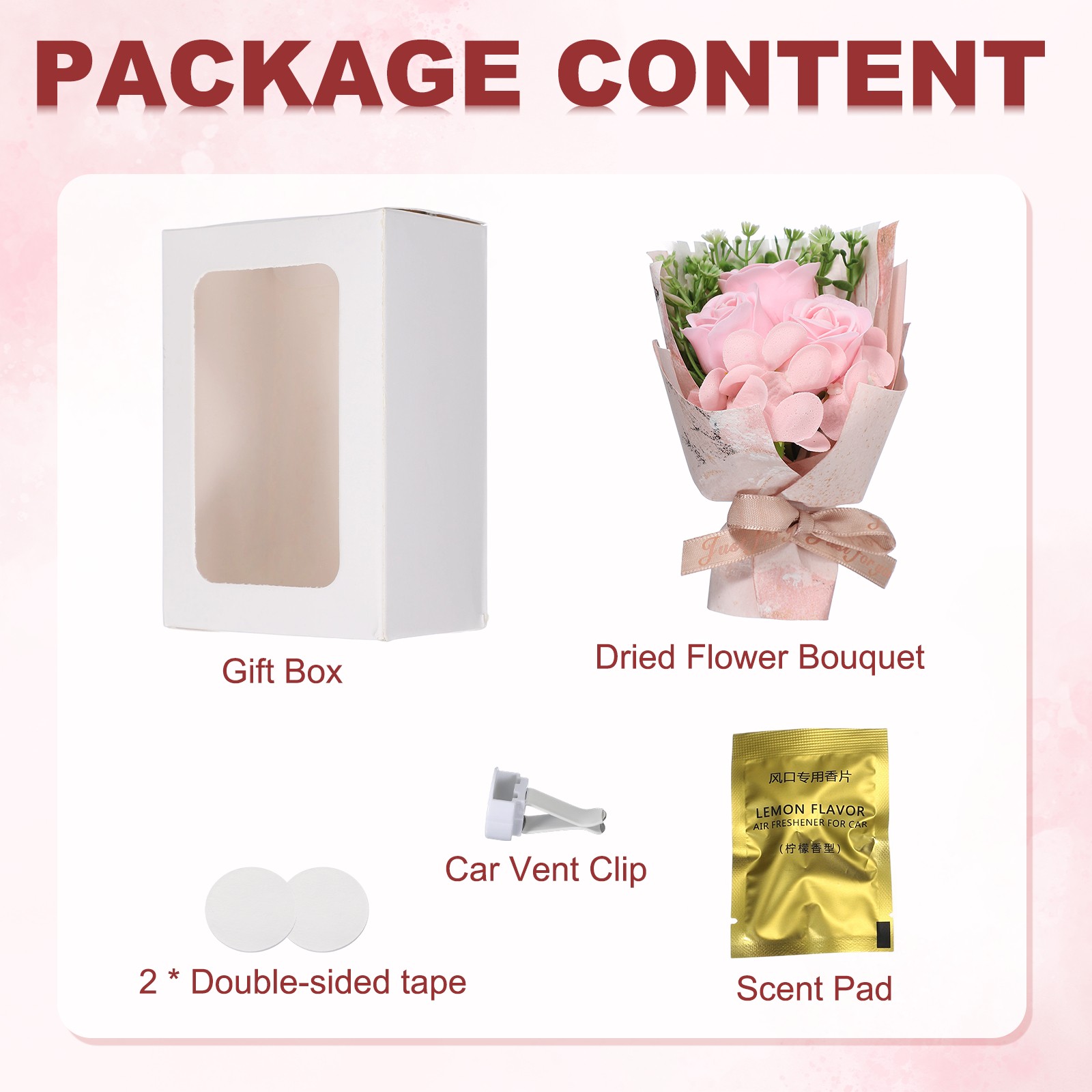 Pink Rose Dried Flower Bouquet, Car Vent Clip Scent Diffuser, Style 1