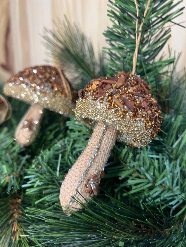 Glitter Mushroom Christmas Ornaments Set of 3 Rustic Woodland Gold Bead Tree Dec