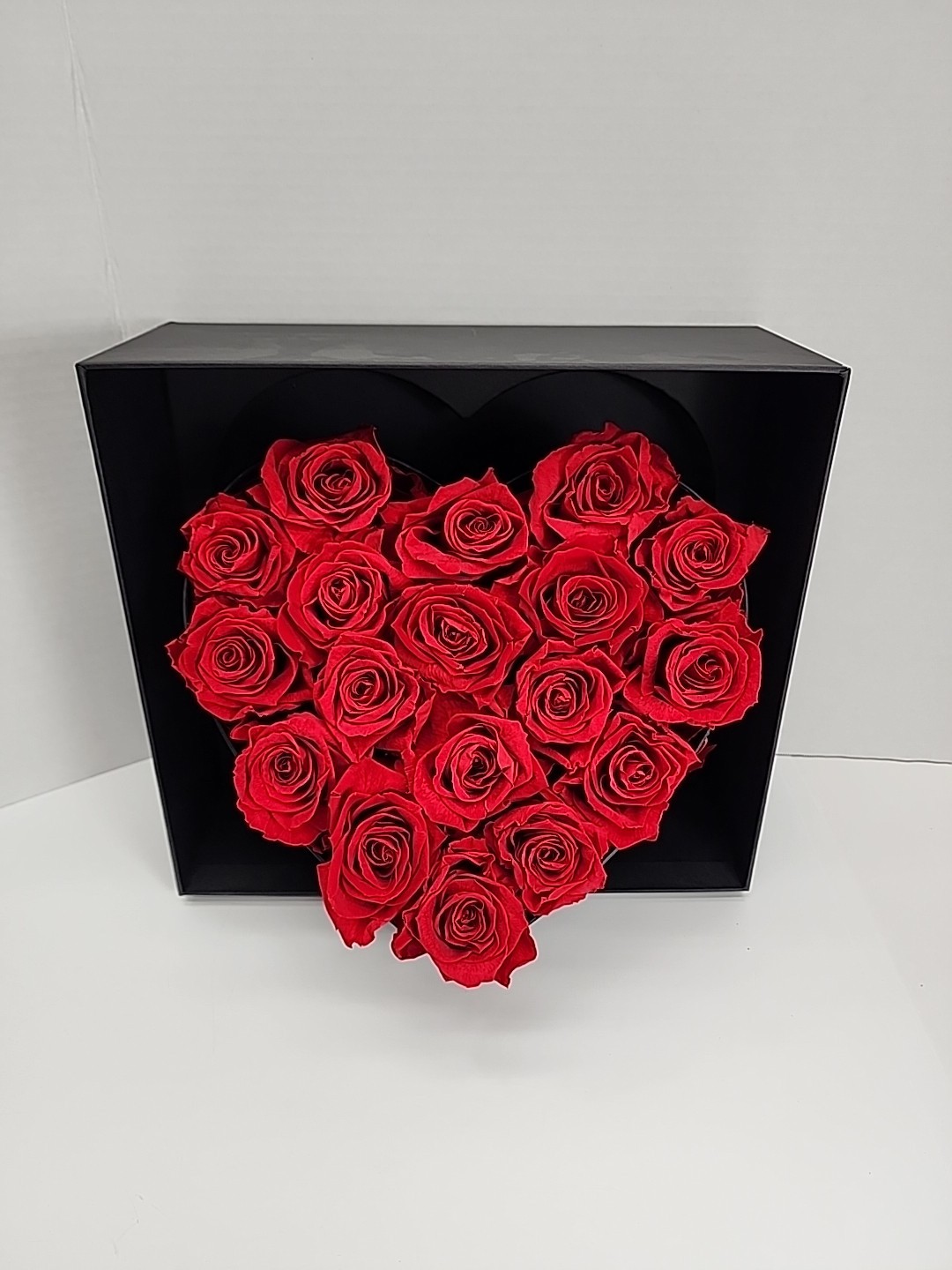 Forever Roses in Luxury Black Box: 18 Real Red Preserved Roses