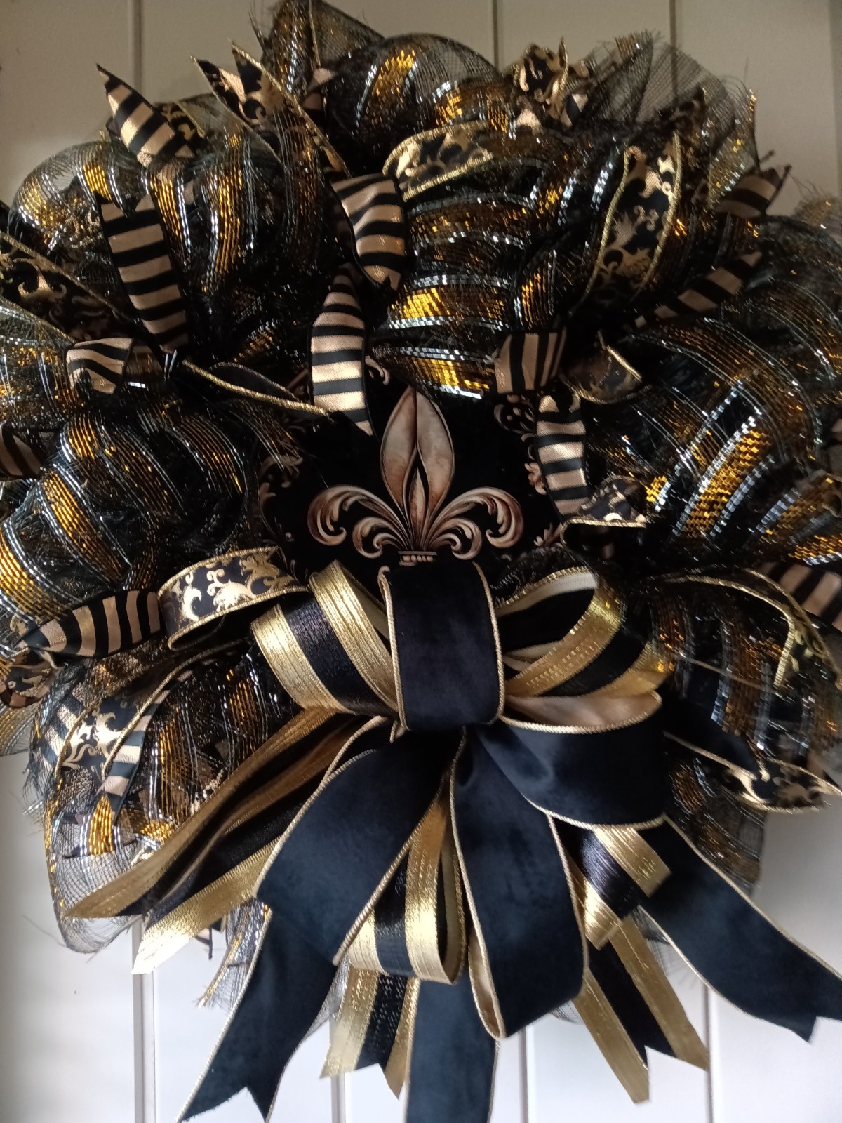 new orleans black and gold fleur de lis deco mesh, metal sign ribbon wreath deco