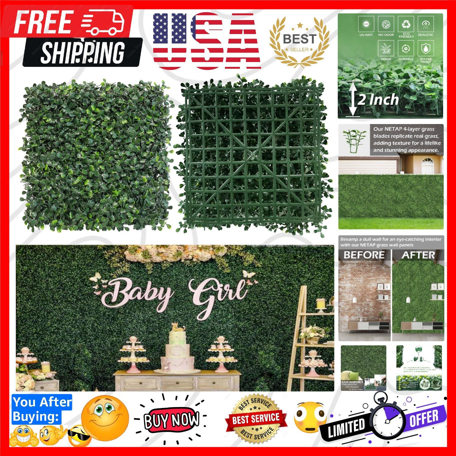 Grass Wall Panels, 10″x 10″12pcs 4-Layer Artificial Boxwood Faux Green Wall f…