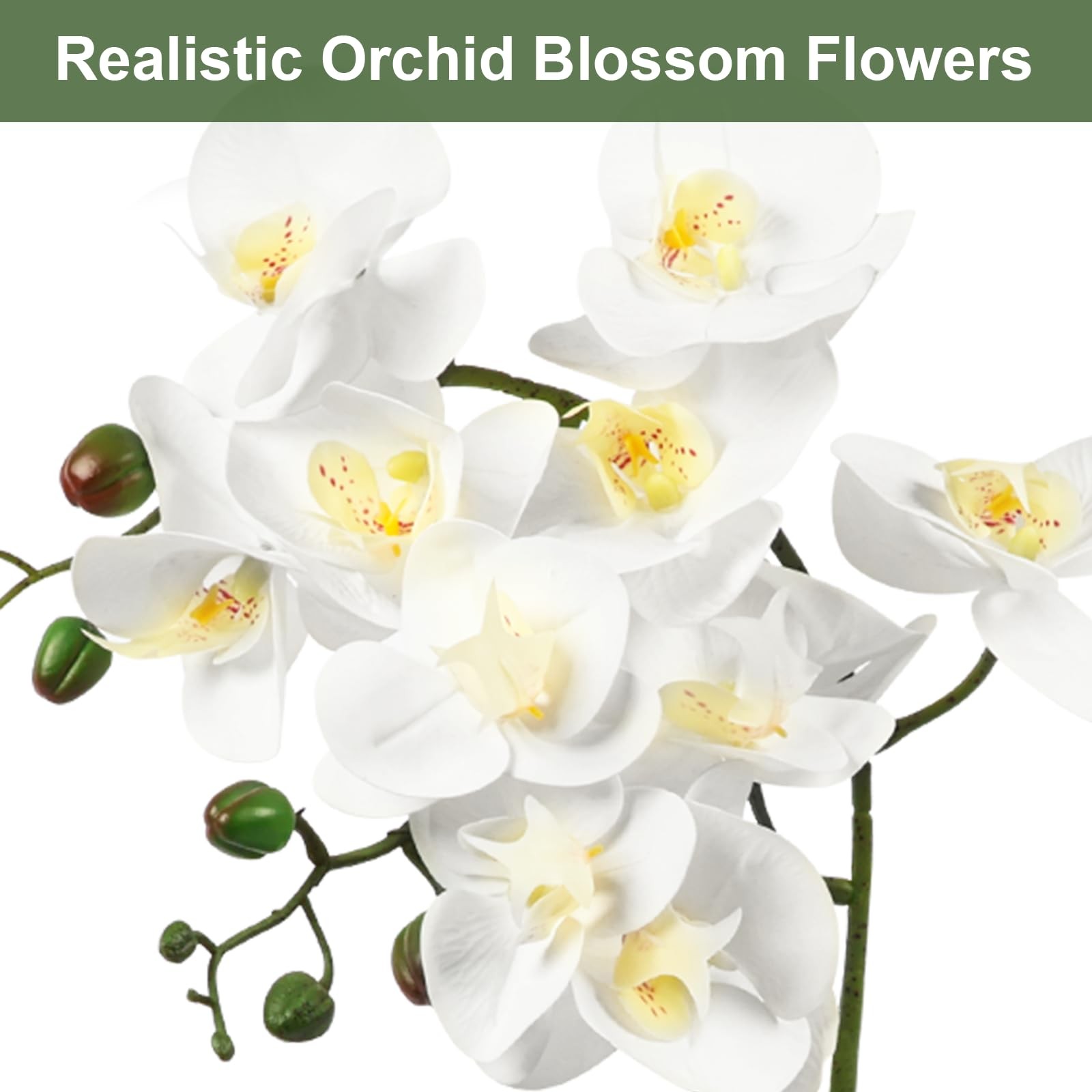 Artificial Orchid Flower Potted, 16.9″ White Orchid in Pot Faux Plant with 2