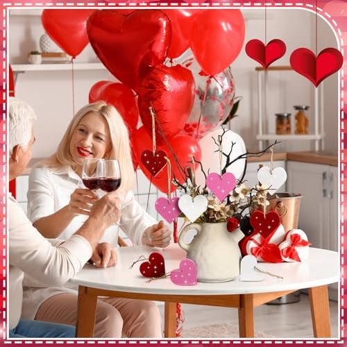 24 Pcs Valentine’s Day Heart Ornaments for Tree Wooden Pink Red White Glitter