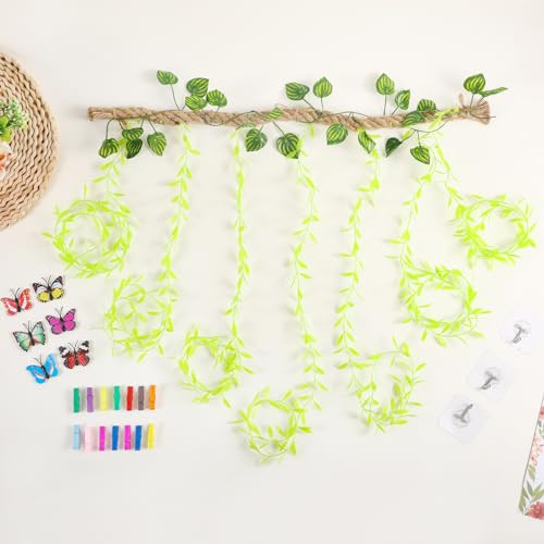 Wall Hanging Photo Display with Artificial Leaves Vines, Macrame Photo