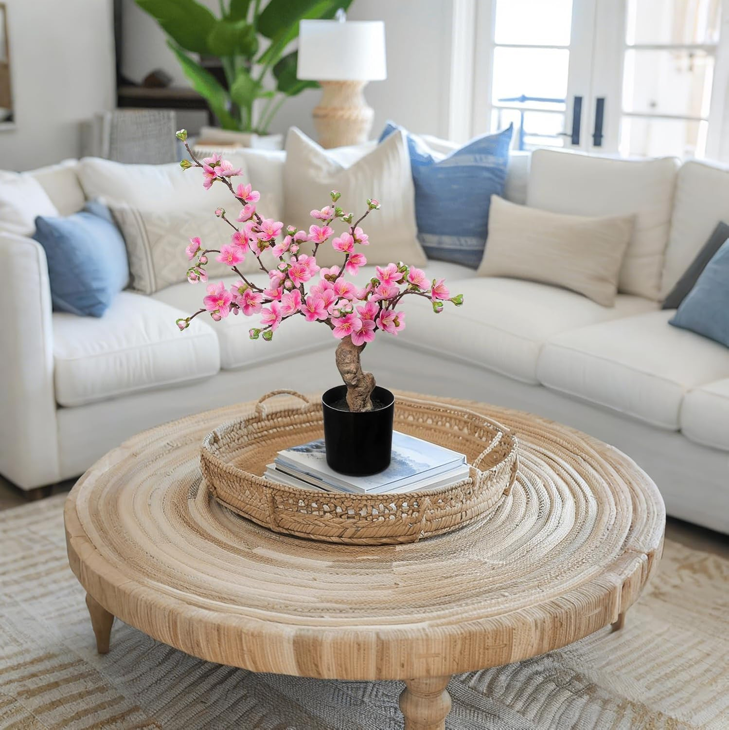 Realistic Faux Cherry Blossom Arrangement with Vase – 17.3″ Pink Silk Flowers