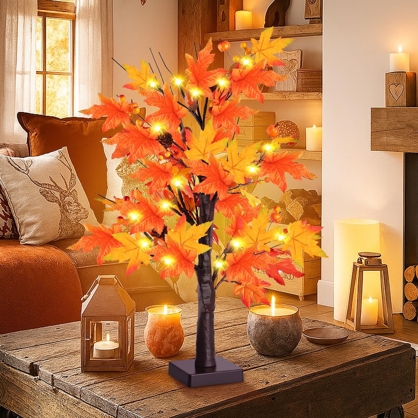 2 Pack 24 Inch Prelit Lighted Maple Tree, Artificial Fall Tree with 24 LEDs T…
