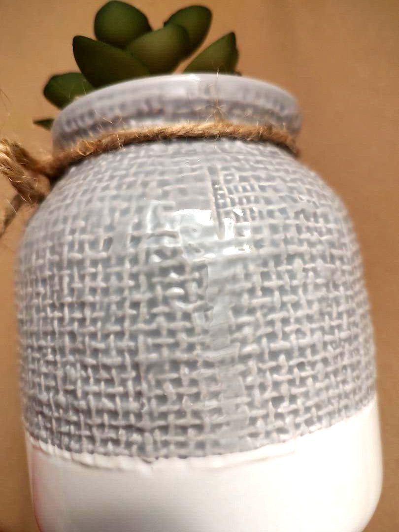 Rustic Ceramic Succulent Vase Jute Bow Textured Gray & White Planter Home Decor