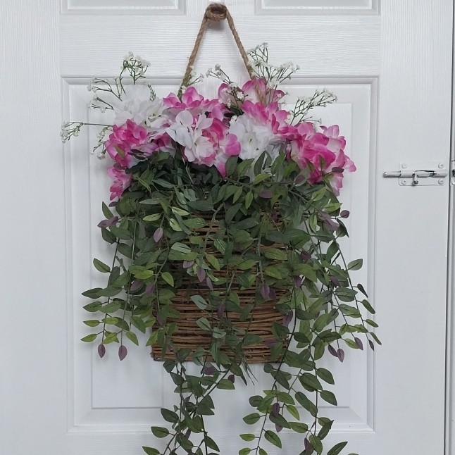 Artificial Hanging Basket Wall Decor Pink & White Flowers Green Vine Plastic