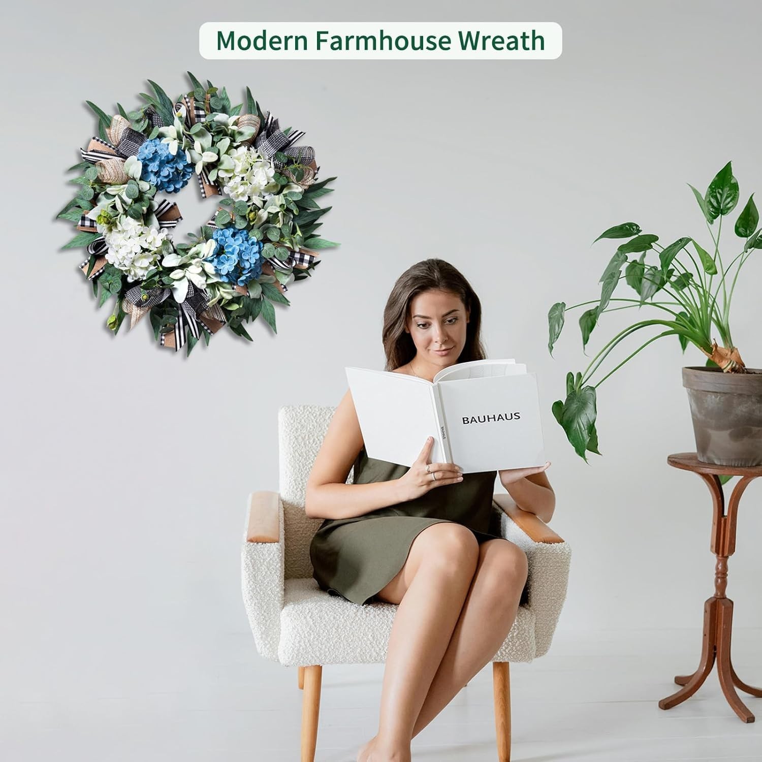 Farmhouse Hydrangea Wreath – -Round Spring Summer Decor