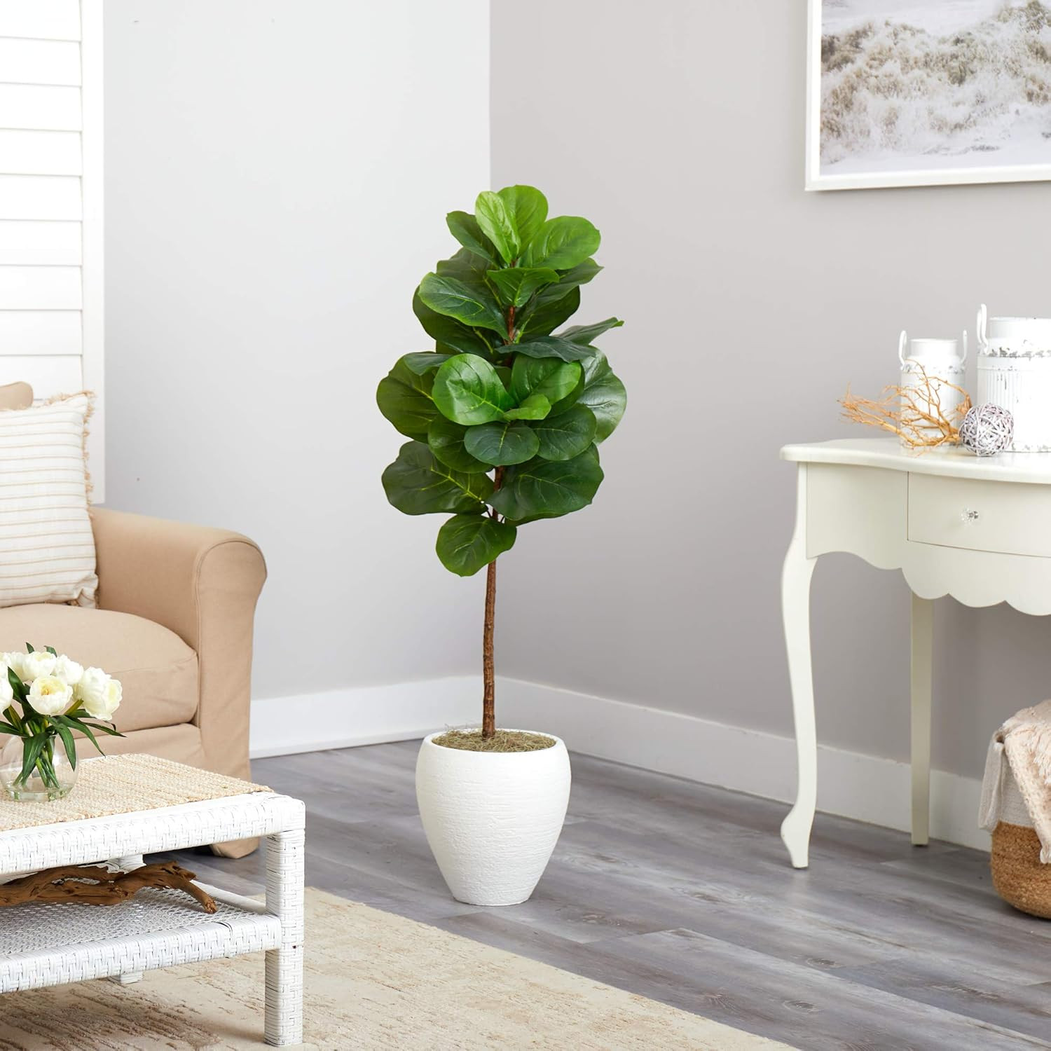 52″ Fiddle Leaf Artificial Tree in Modern White Planter – Lifelike Decor