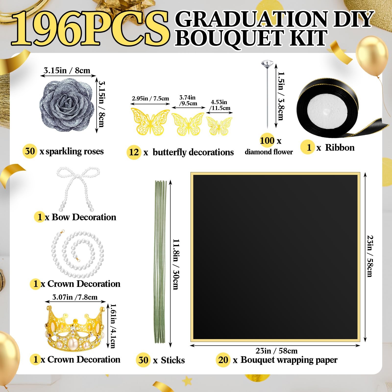196 Pcs Graduation Gifts DIY Glitter Roses Bouquet Kit Artificial Flower Bouq…